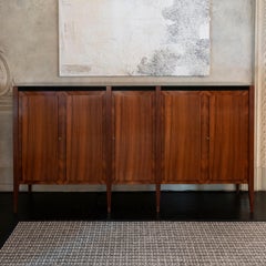 1950's Italian High Sideboard in Walnut, Black Glass Top, Brass Details