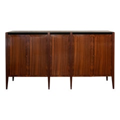 1950's Italian High Sideboard in Walnut, Black Glass Top, Brass Details