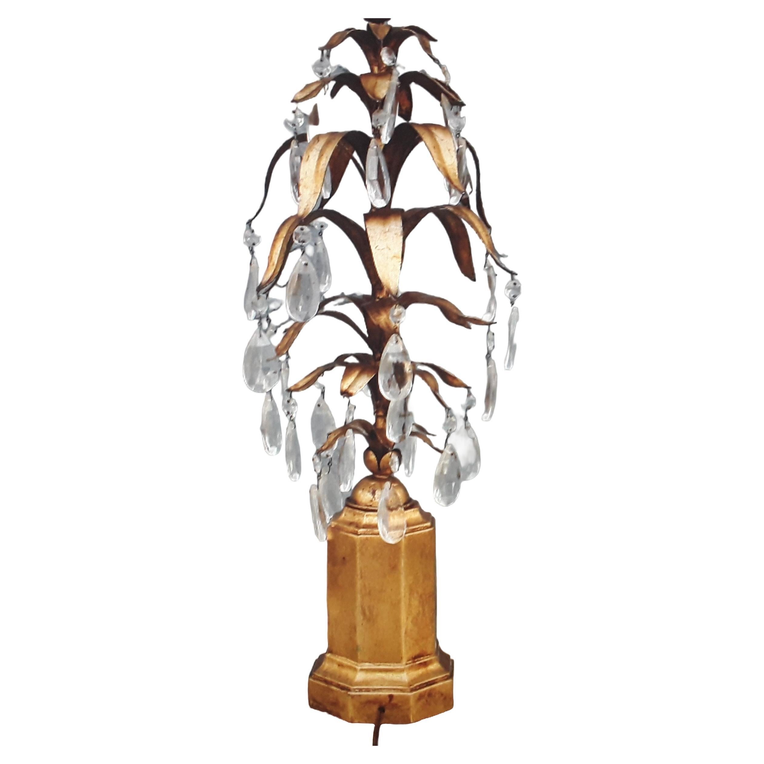 1950s Italian Hollywood Regency Giltwood Based Crystal/Tole Fern Form Table Lamp