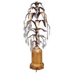 Vintage 1950s Italian Hollywood Regency Giltwood Based Crystal/Tole Fern Form Table Lamp