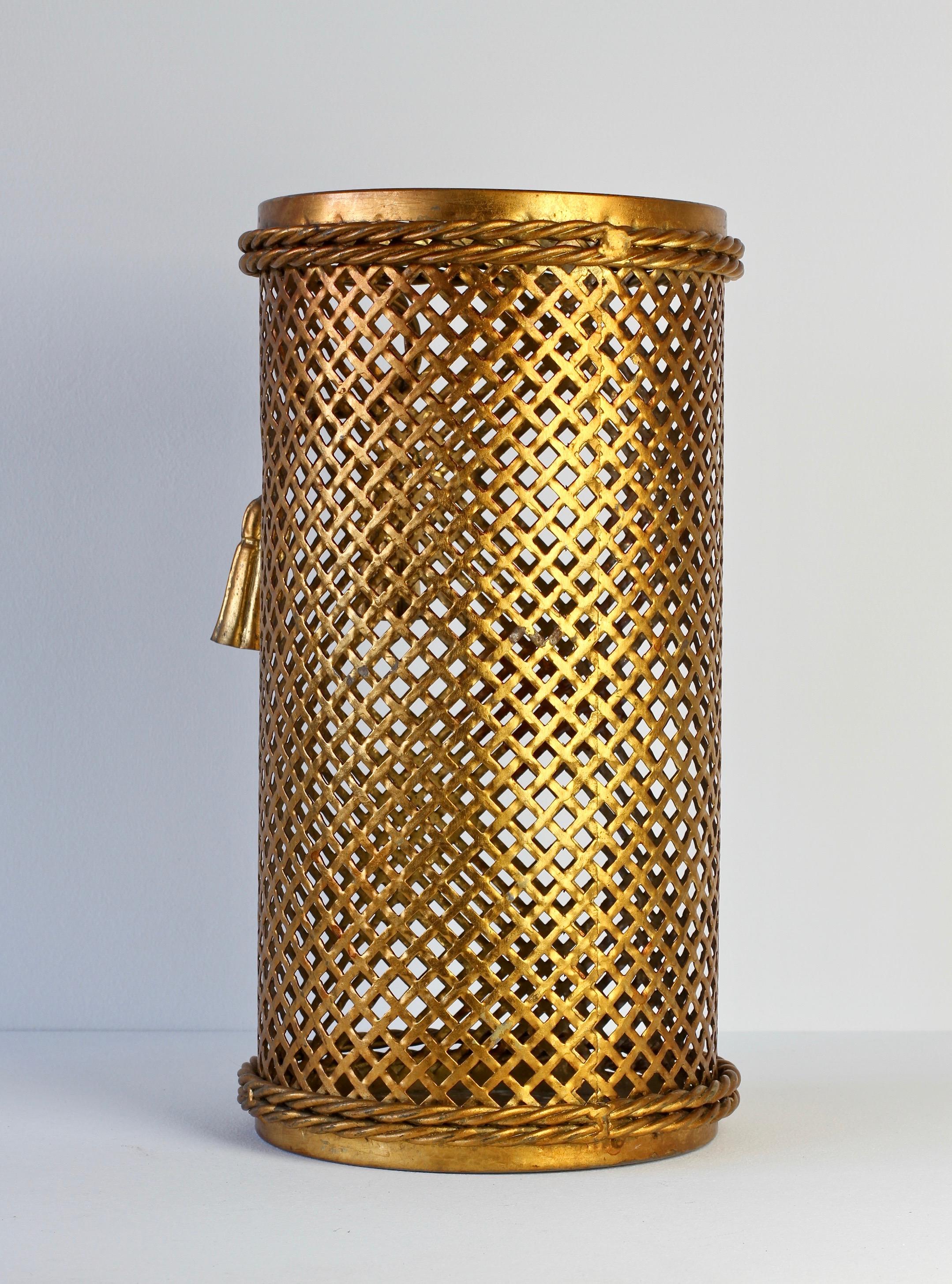 Wrought Iron 1950s Italian Hollywood Regency Gold Gilded Umbrella Stand or Waste Paper Basket