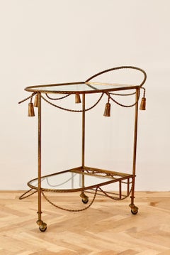 1950s Italian Hollywood Regency Rope & Tassel Gilt Metal Bar Cart/Drinks Trolley