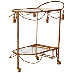 1950s Italian Hollywood Regency Rope & Tassel Gilt Metal Bar Cart/Drinks Trolley