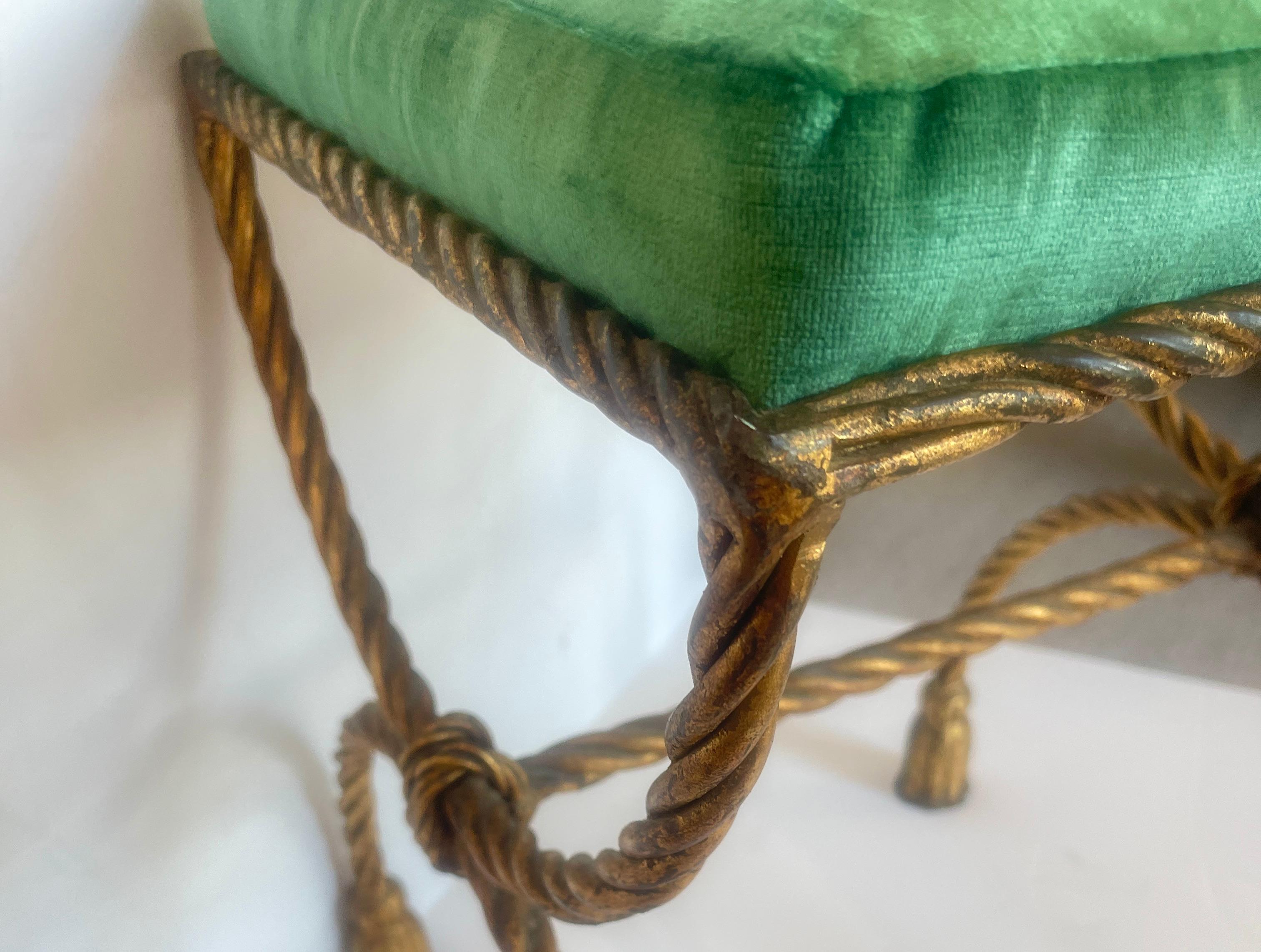 1950s Italian Hollywood Regency Rope & Tassel Gilt  Metal Stool For Sale 7