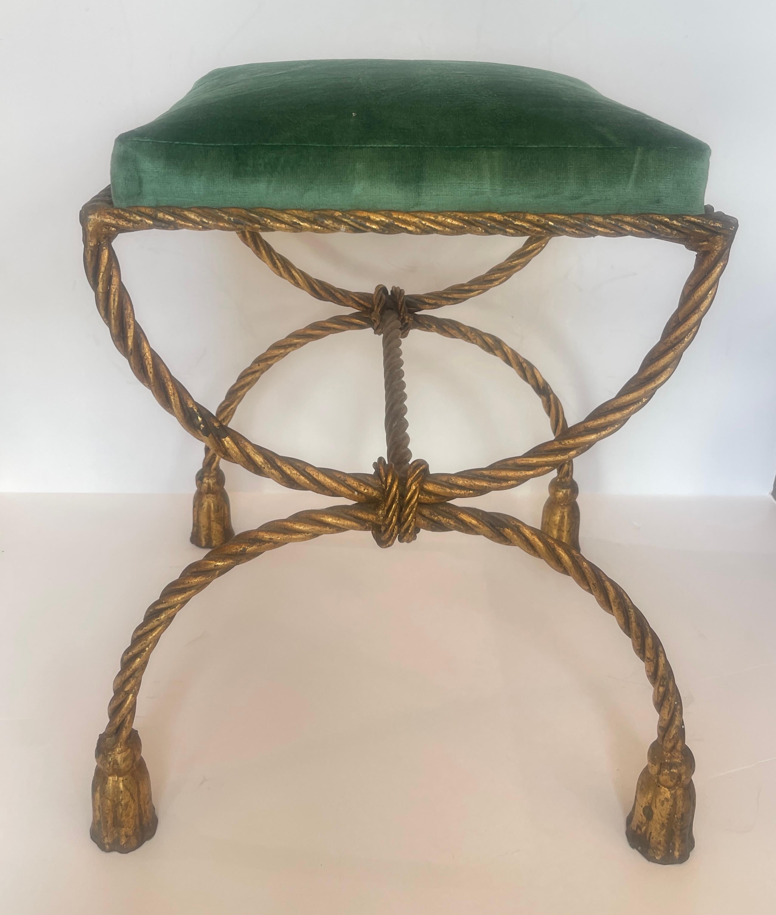 Hand-Crafted 1950s Italian Hollywood Regency Rope & Tassel Gilt  Metal Stool For Sale