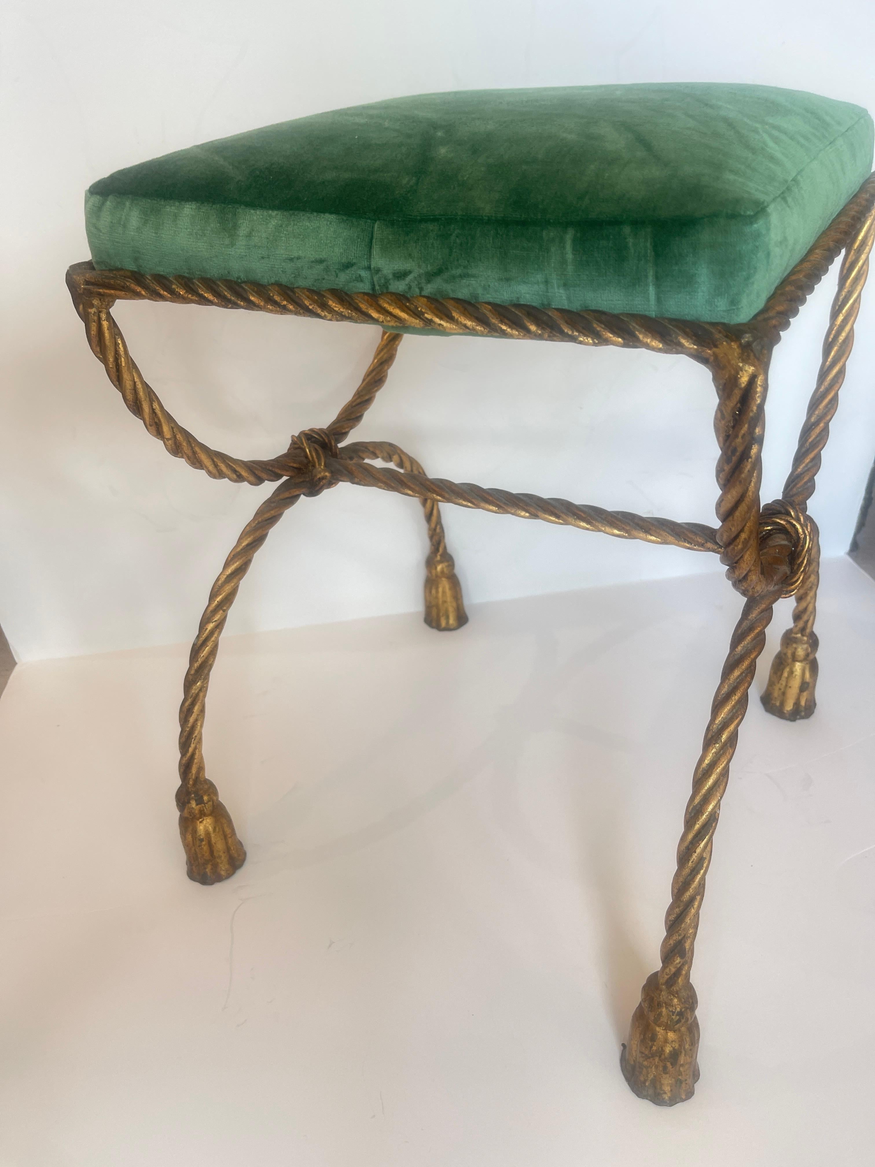 Mid-20th Century 1950s Italian Hollywood Regency Rope & Tassel Gilt  Metal Stool For Sale