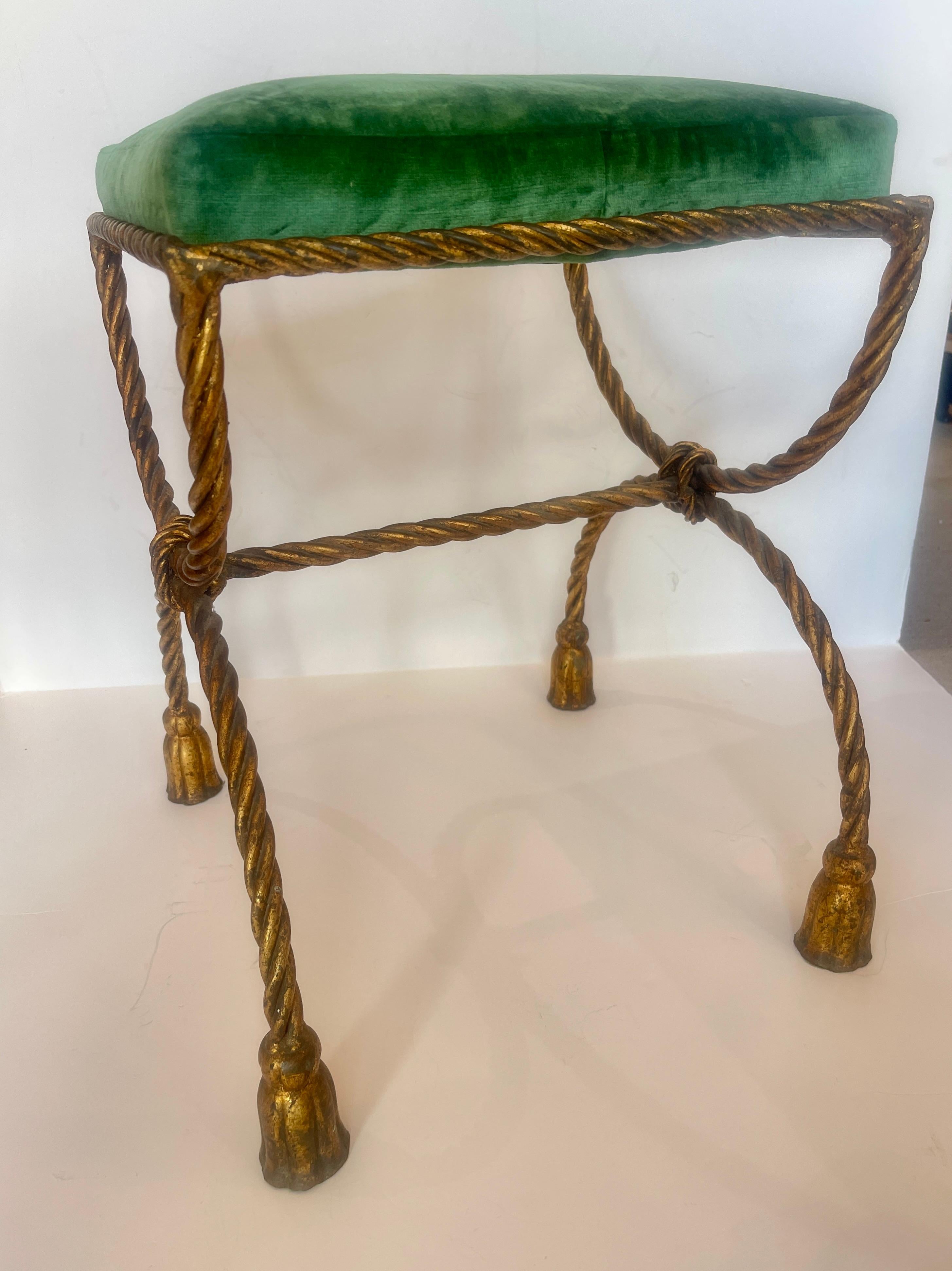 1950s Italian Hollywood Regency Rope & Tassel Gilt  Metal Stool For Sale 2