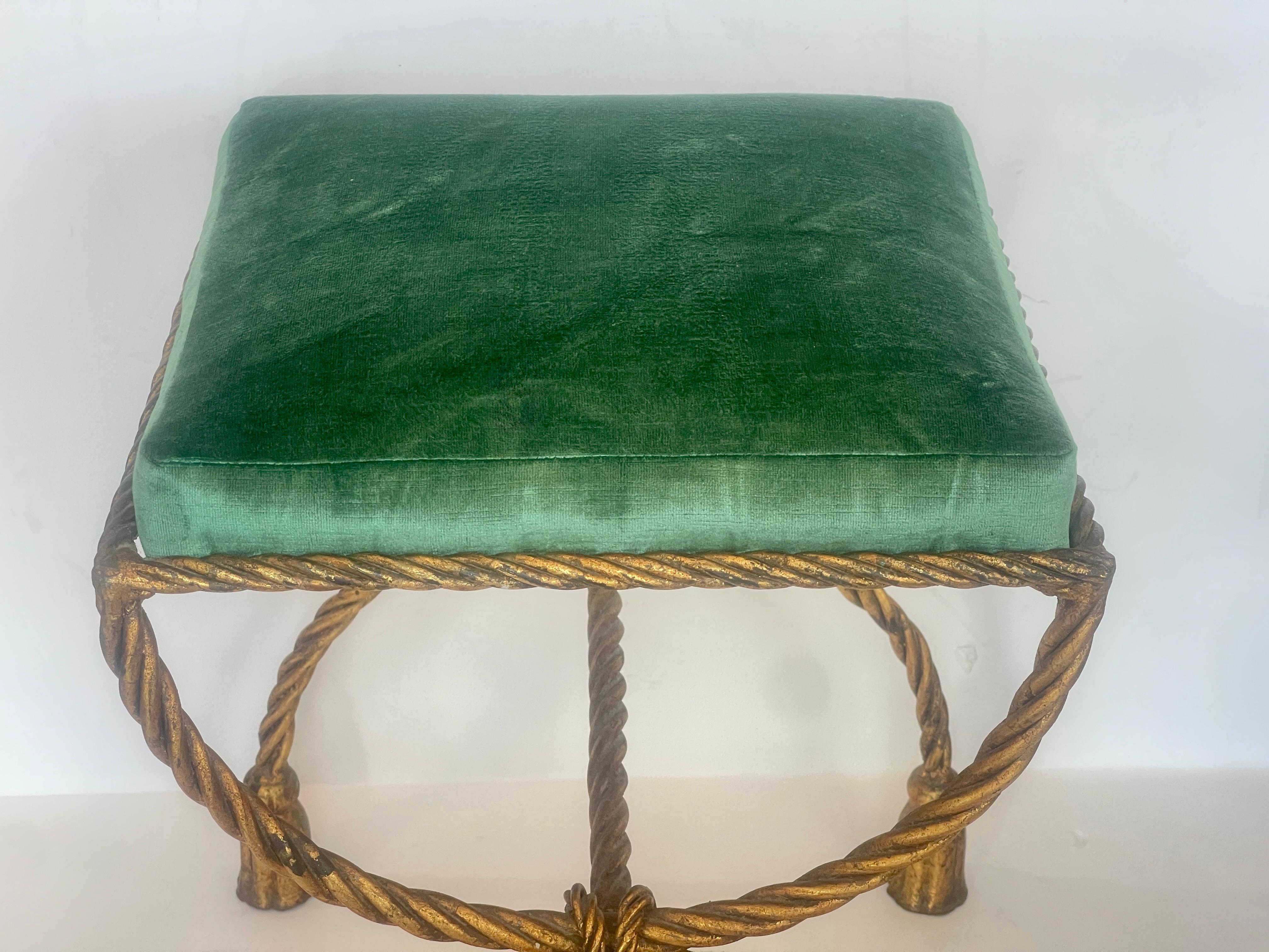1950s Italian Hollywood Regency Rope & Tassel Gilt  Metal Stool For Sale 4