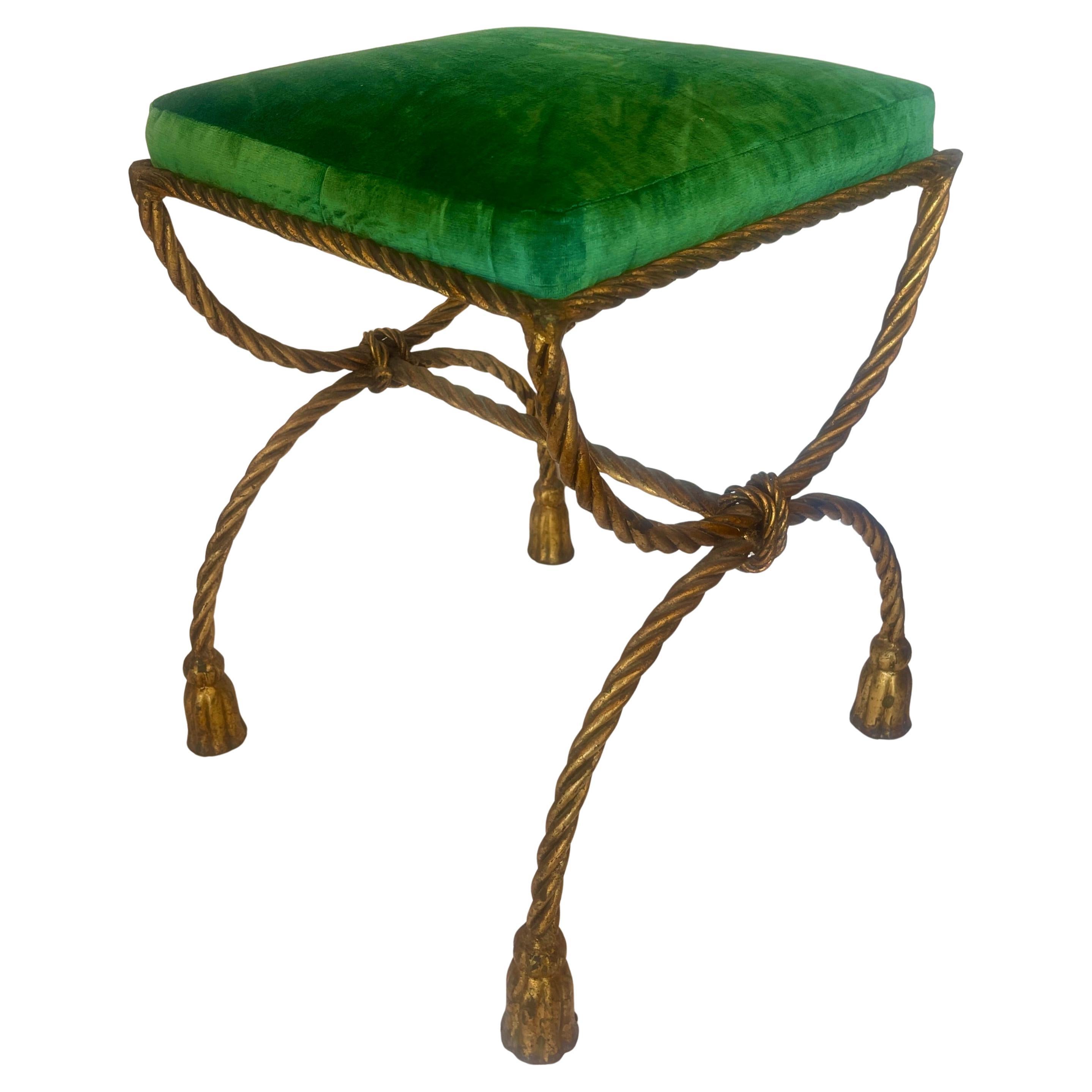 1950s Italian Hollywood Regency Rope & Tassel Gilt  Metal Stool