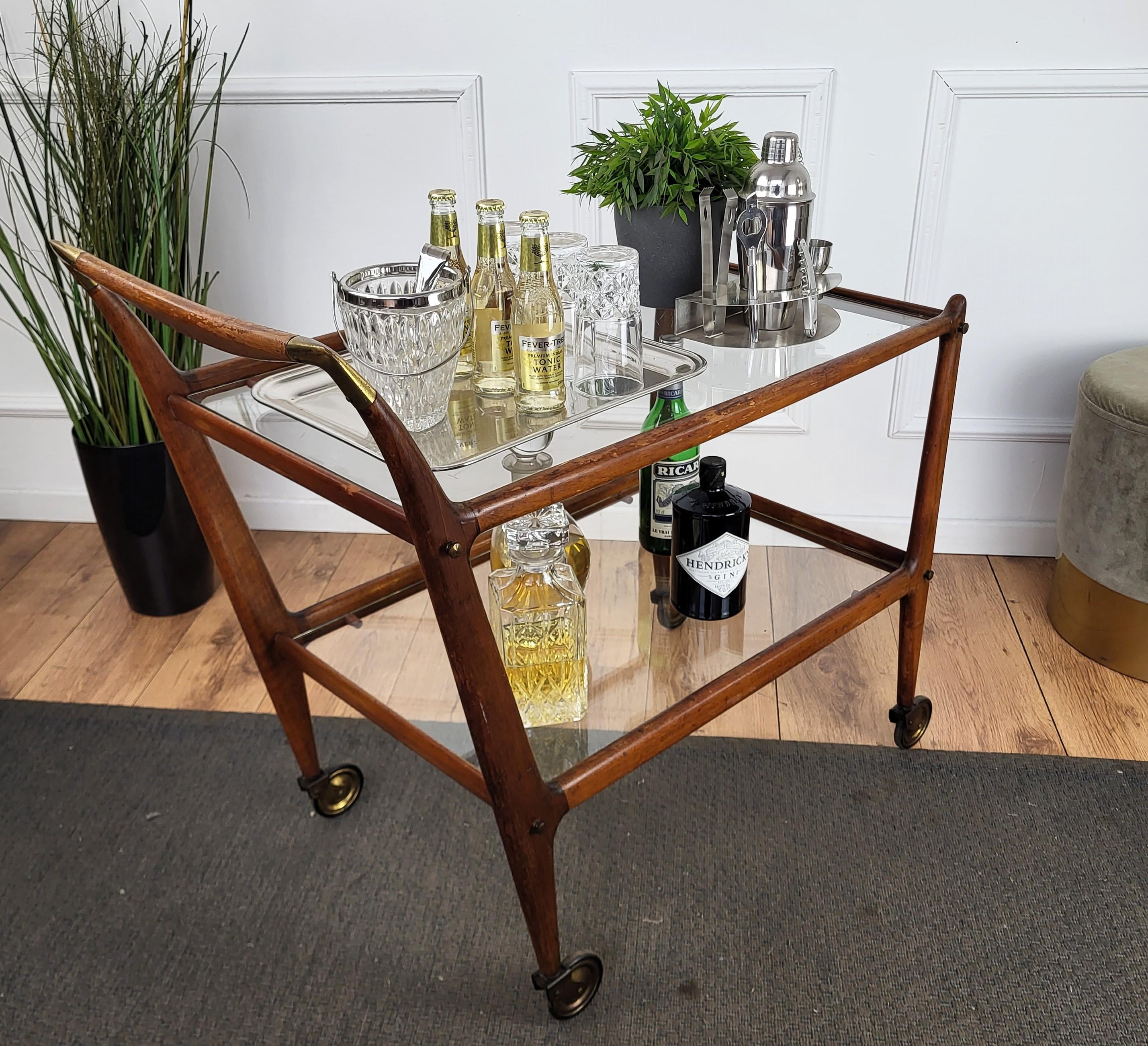 1950s Italian Ico Parisi for De Baggis Number 58 Wood Brass Glass Dry Bar Cart For Sale 1