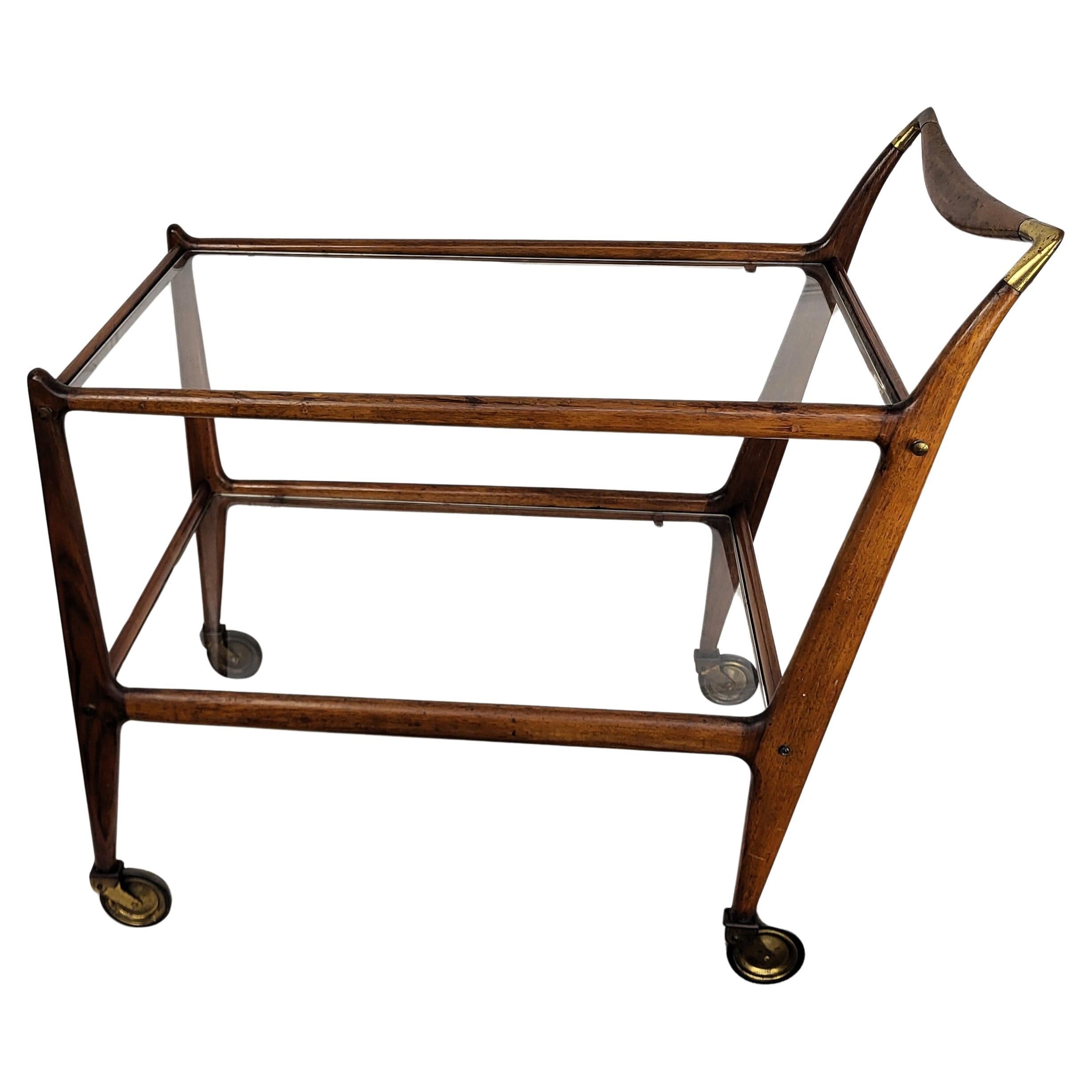 1950s Italian Ico Parisi for De Baggis Number 58 Wood Brass Glass Dry Bar Cart For Sale