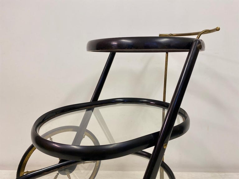 Chariot De Bar Italien Des Années 50 - Bois Laiton, 2 étagères, Pliable, Vintage