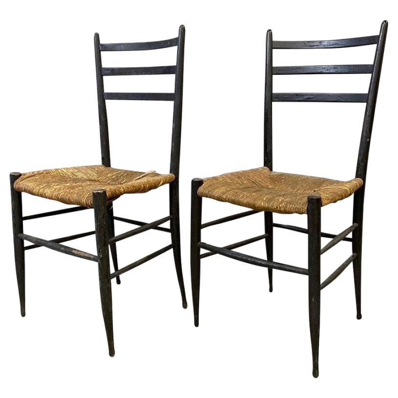 1950s Italian Ladder Back Dining Chairs With Rush Seating For Sale