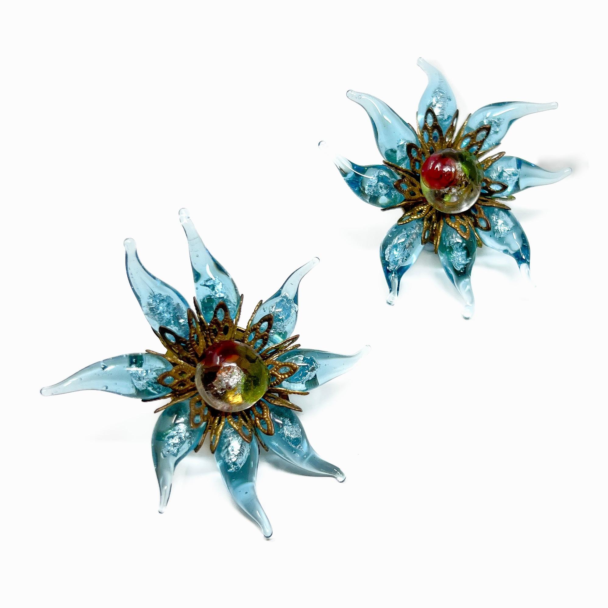 Women's 1950s Italian Lamp Work Foiled Glass Vintage Flower Earrings