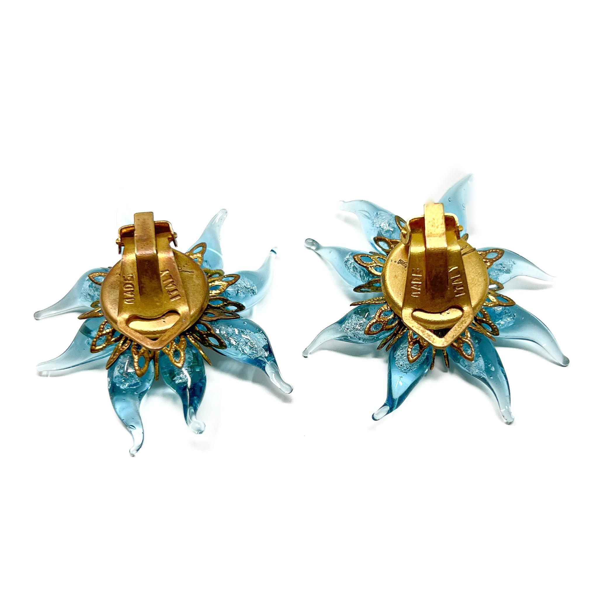 1950s Italian Lamp Work Foiled Glass Vintage Flower Earrings 1