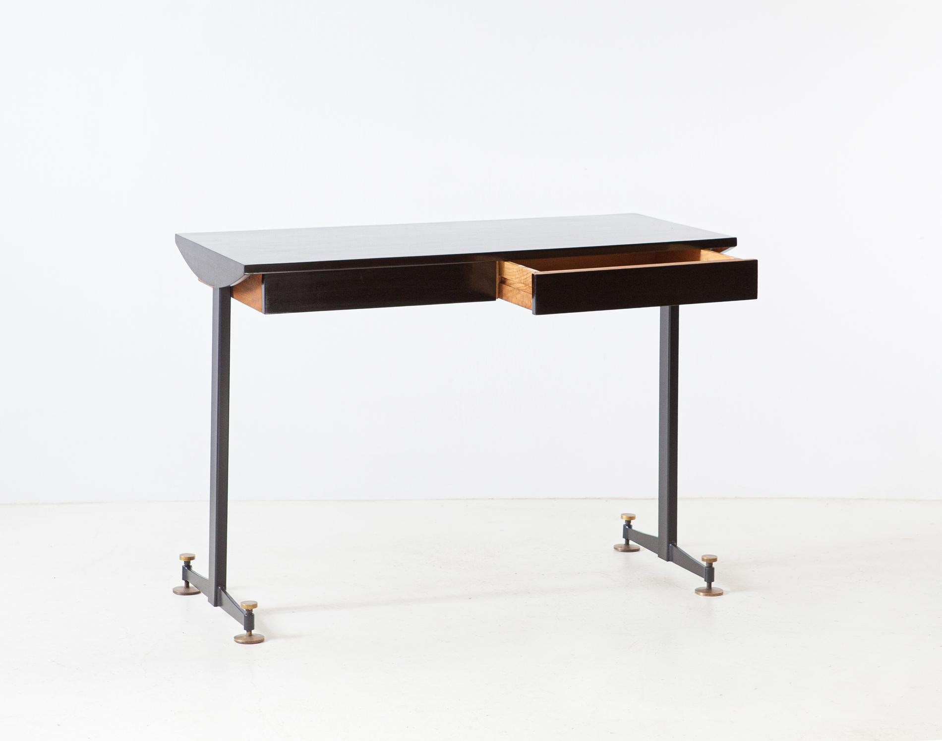Mid-20th Century 1950s Italian Lacquered Oak Brass and Iron Desk Table