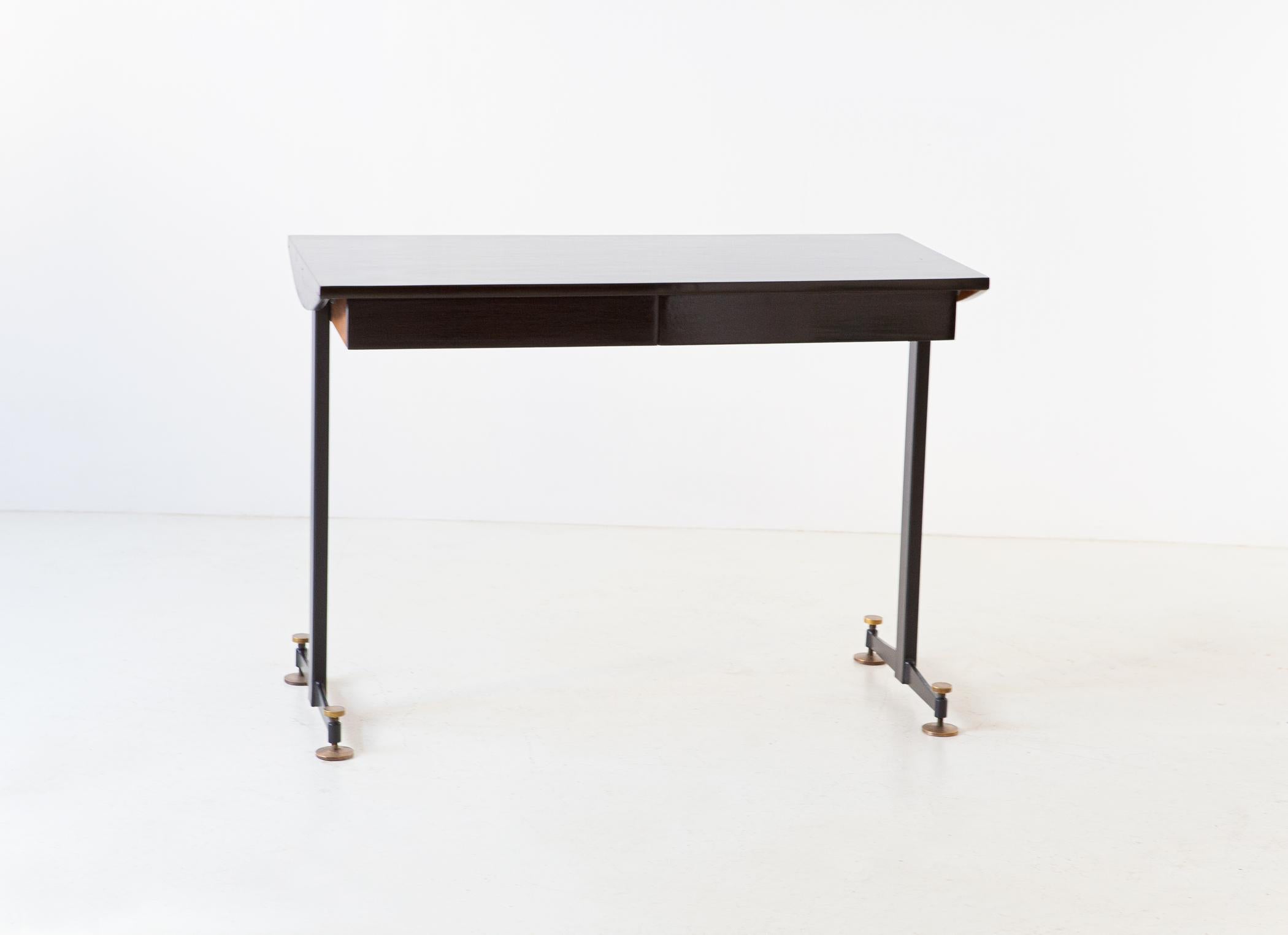 1950s Italian Lacquered Oak Brass and Iron Desk Table 4