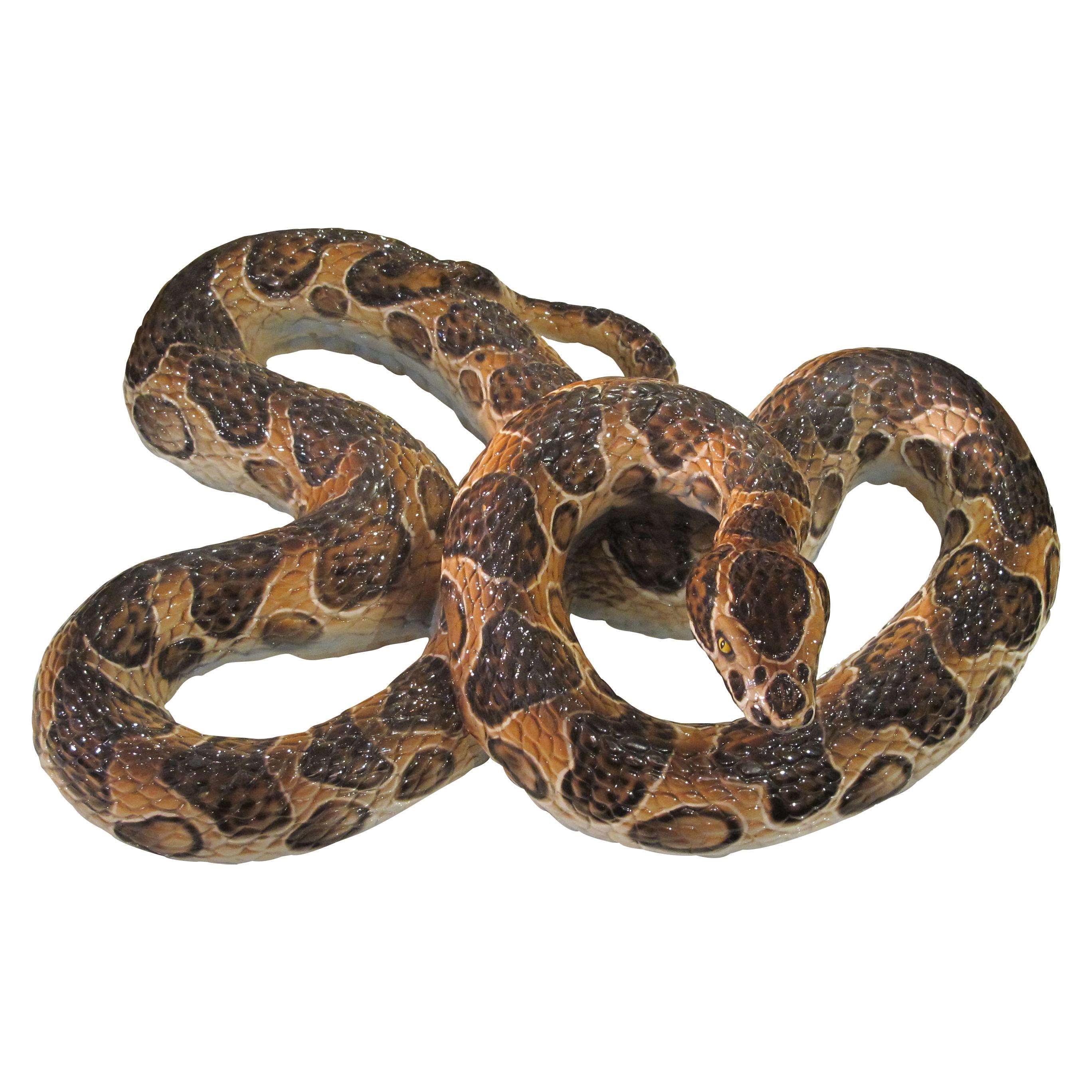 Highly decorative, rare model of large hand-crafted ceramic snake, mid-century Italian. This is a very large lifelike model of a python ball snake with striking detail in colour and in texture. The curves and the posture of the snake are