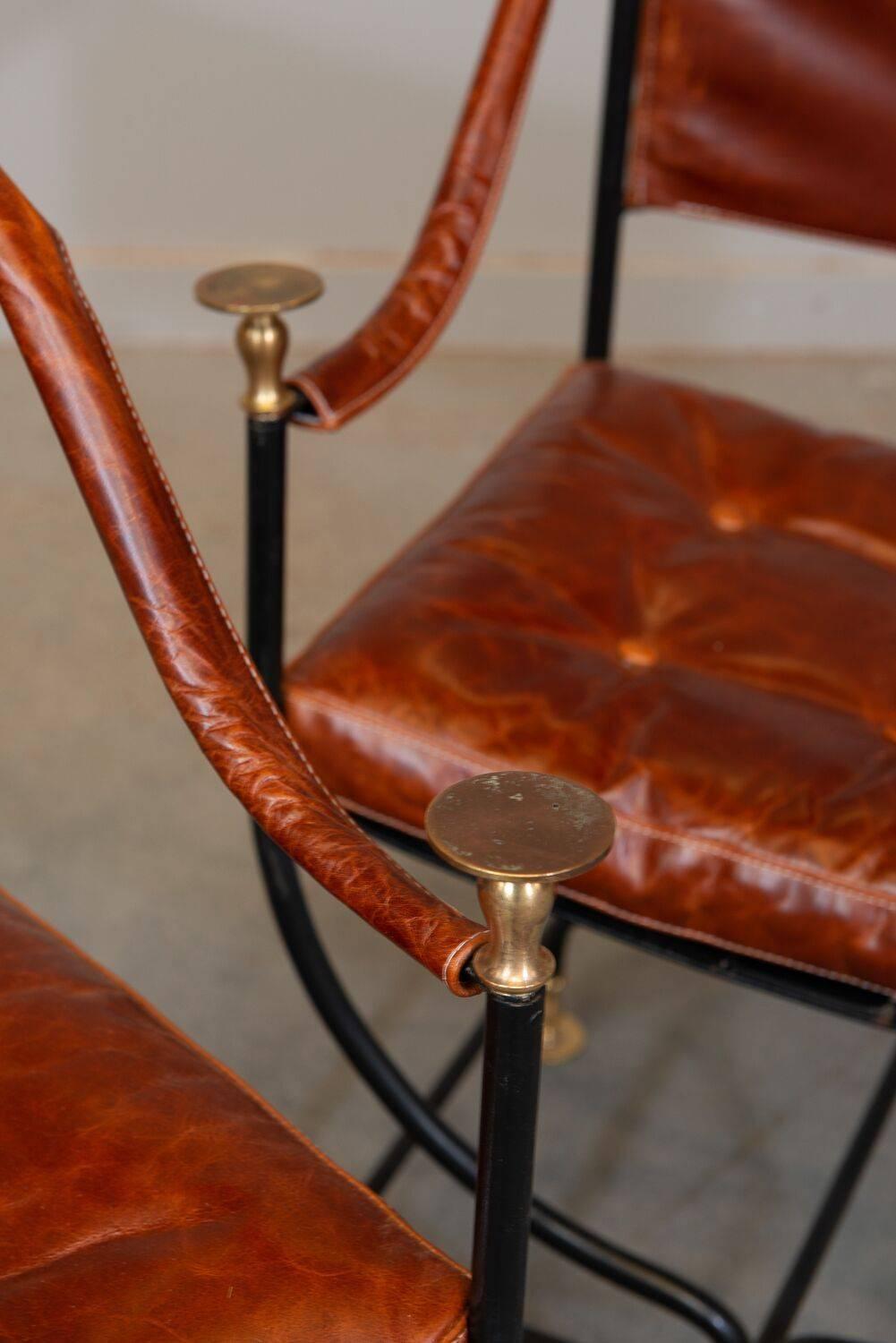 1950s Italian Leather and Iron Campaign Chairs with Brass Finials In Good Condition In Chicago, IL