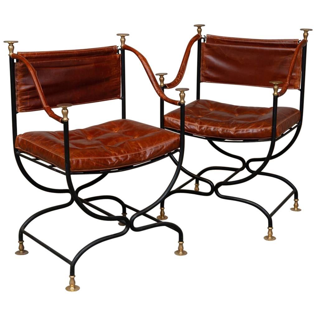 1950s Italian Leather and Iron Campaign Chairs with Brass Finials