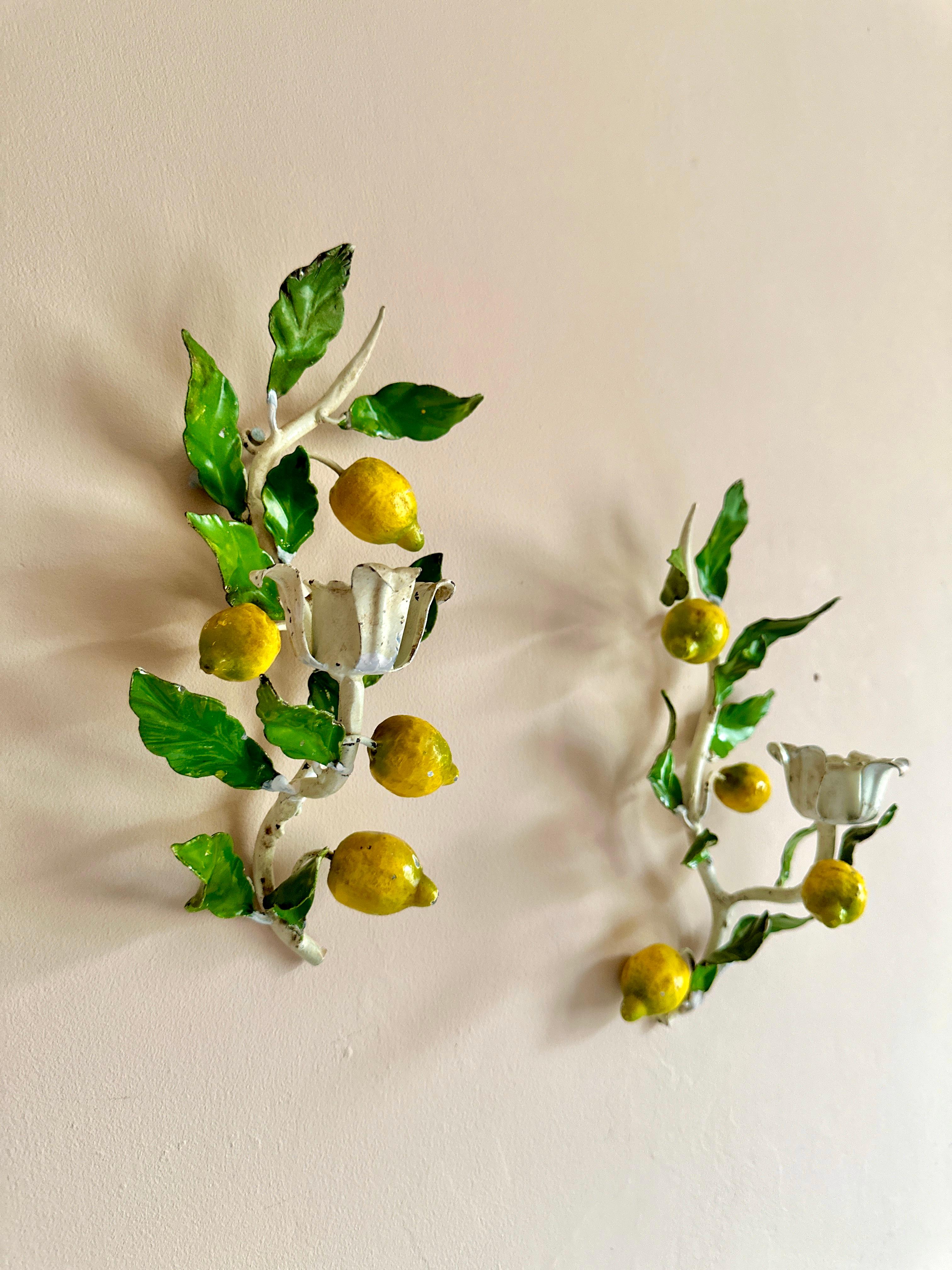 Hand-Painted 1950s Italian Lemon Tole Candleholders