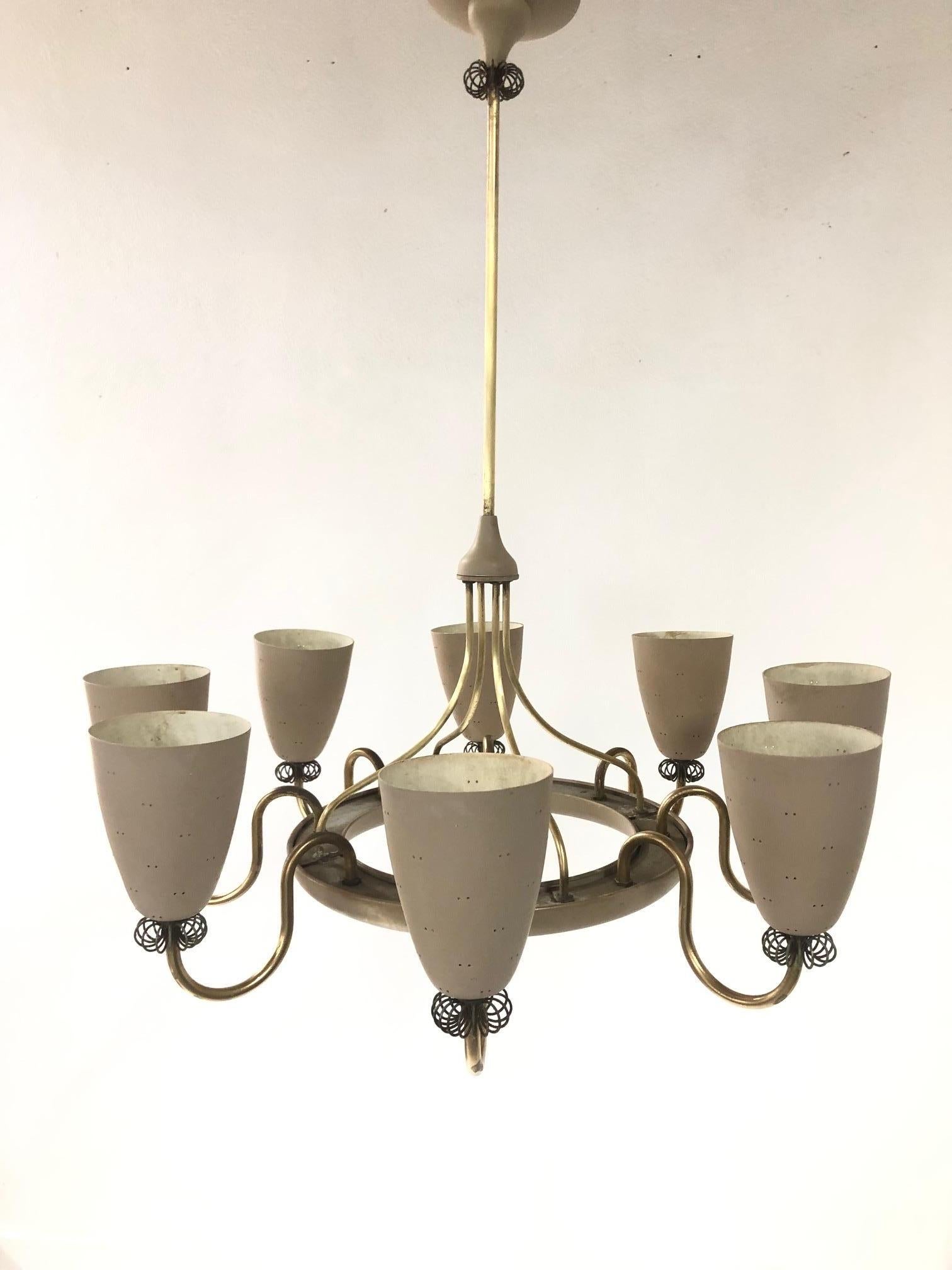 Painted Mid-Century Modern Enamel and Brass Chandelier by Paavo Tynell