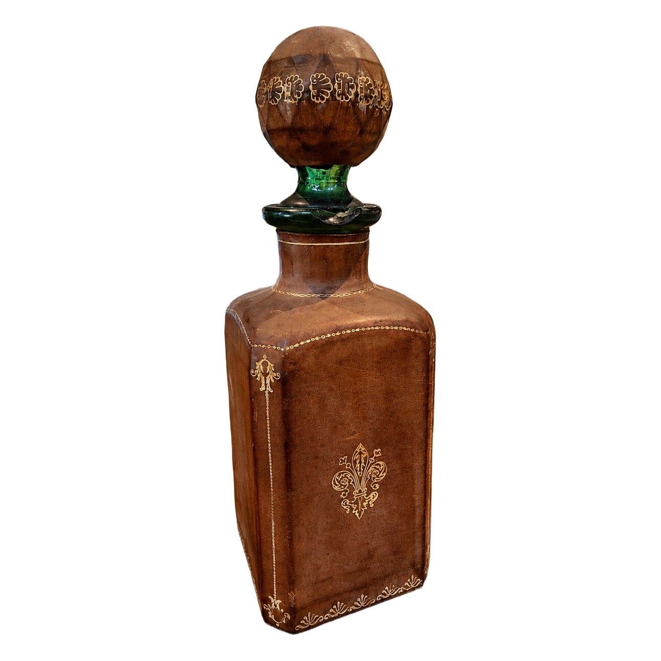 1950s Italian Liquor Set Clad in Florentine Leather with Gold Accents For Sale