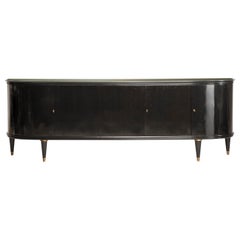 1950s Italian Long Rounded Edges Crystal Top Black Buffet with Brass Feet