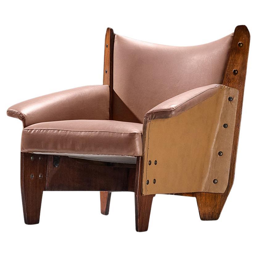 1950s Italian Lounge Chair in Plywood and Camel Pink Upholstery