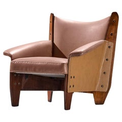 1950s Italian Lounge Chair in Plywood and Camel Pink Upholstery