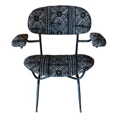 Retro 1950
s Italian Low Armchair Black Steel, New Reupholstery Etnic Fabric