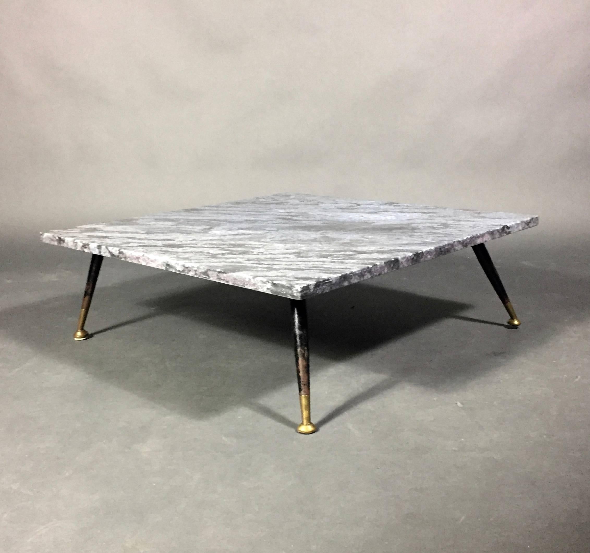1950s Italian Low Marble Coffee Table, Metal and Brass Legs 1