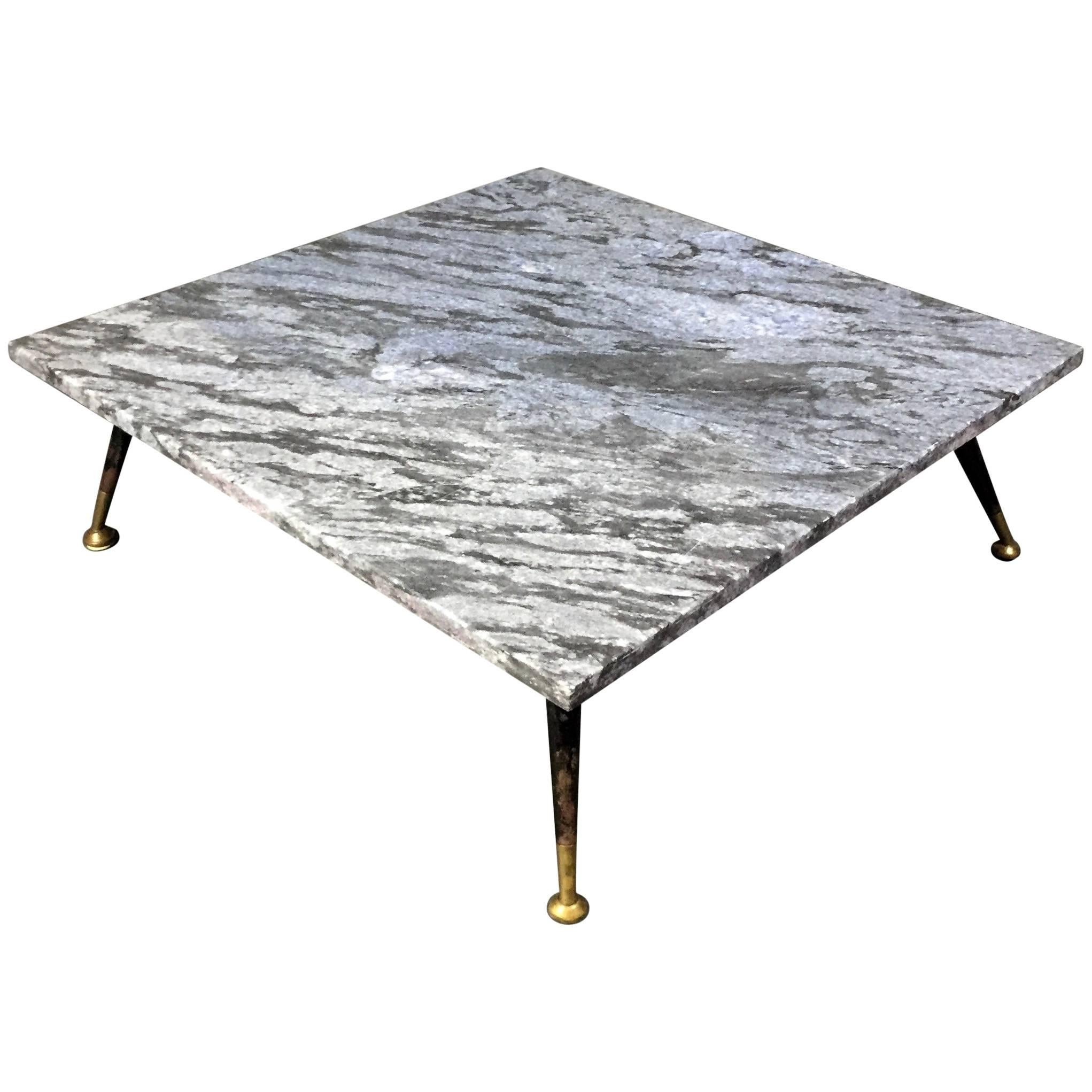 1950s Italian Low Marble Coffee Table, Metal and Brass Legs