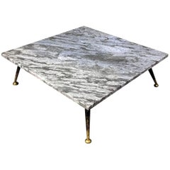 1950s Italian Low Marble Coffee Table, Metal and Brass Legs