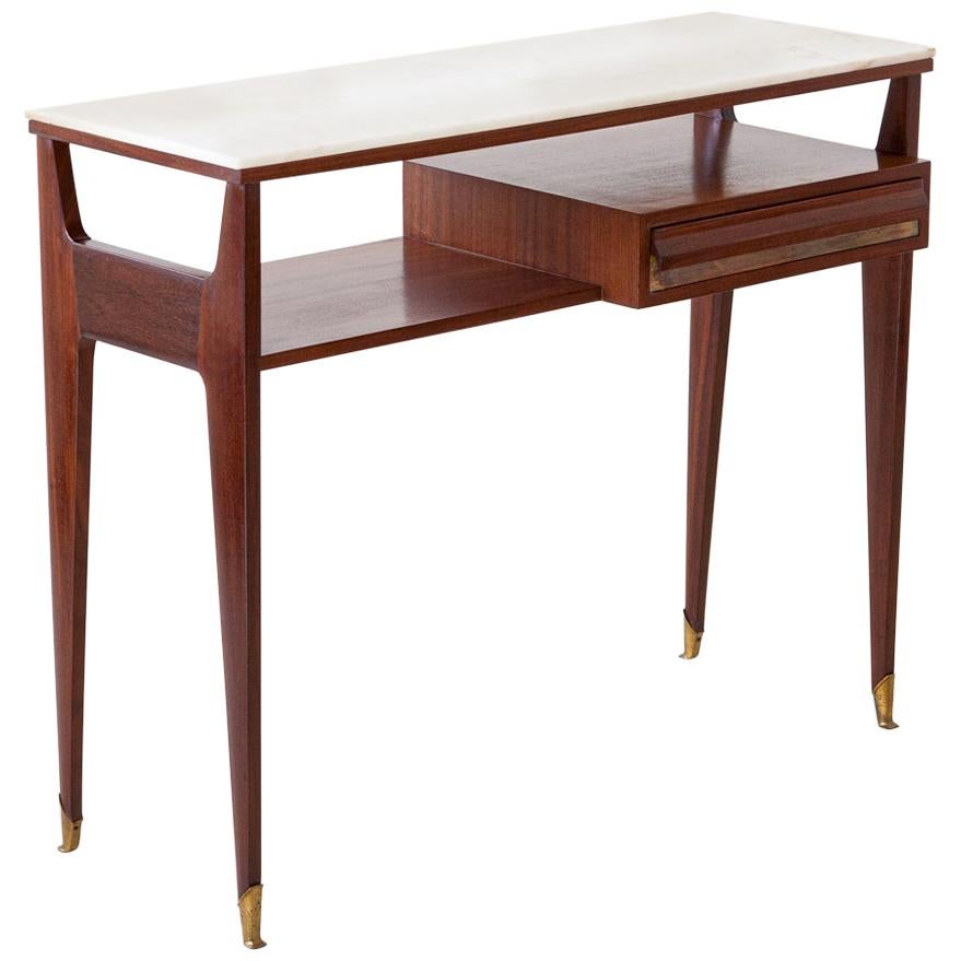 1950s Italian Mahogany Brass Console with Marble Top