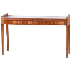 1950s Italian Mahogany Console with Blue Glass Top and Drawers