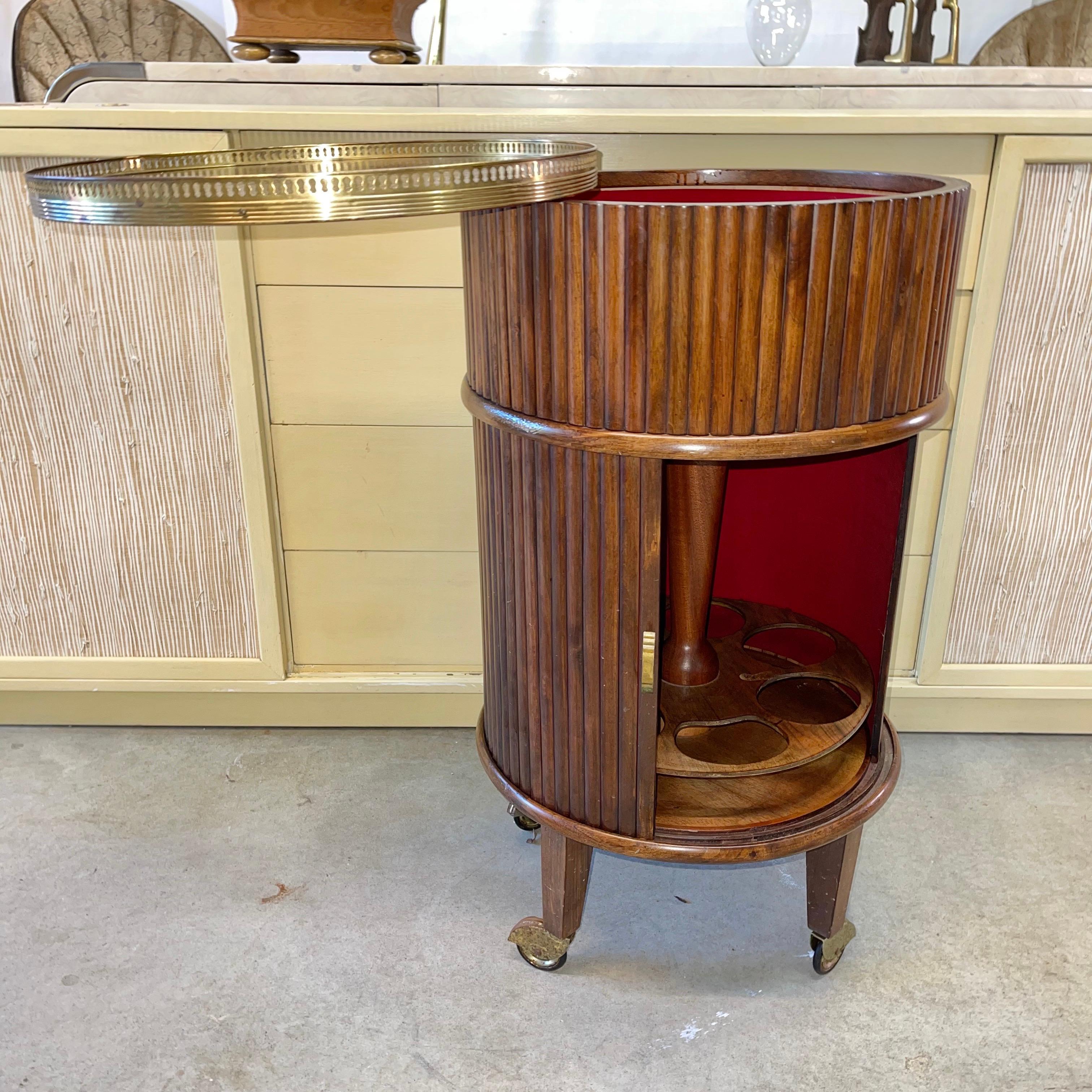 Mid-20th Century 1950s Italian Mahogany Tambour and Brass Drinks Trolley