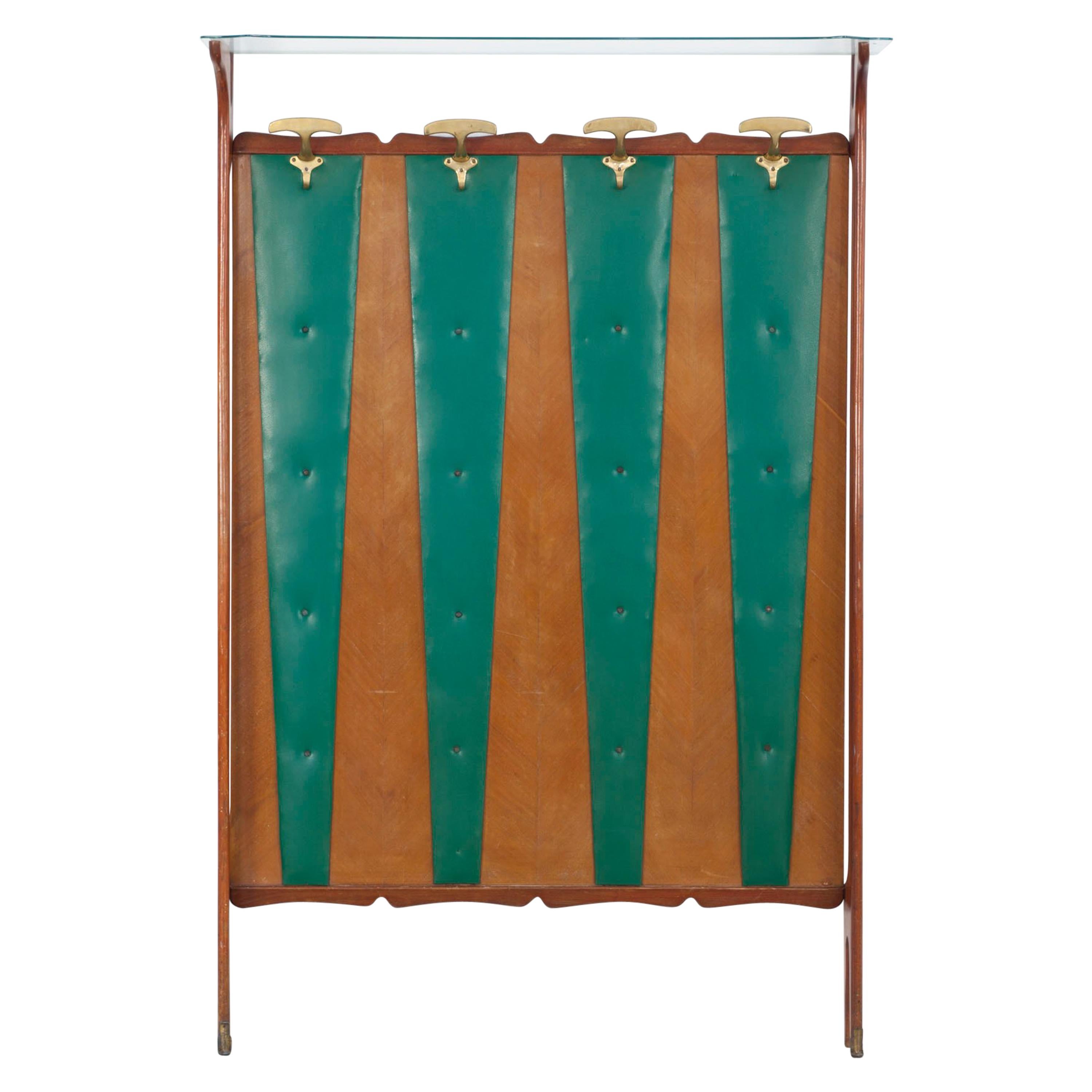 Italian Mahogany Wardrobe with Green Imitation Leather Upholstery, 1950s