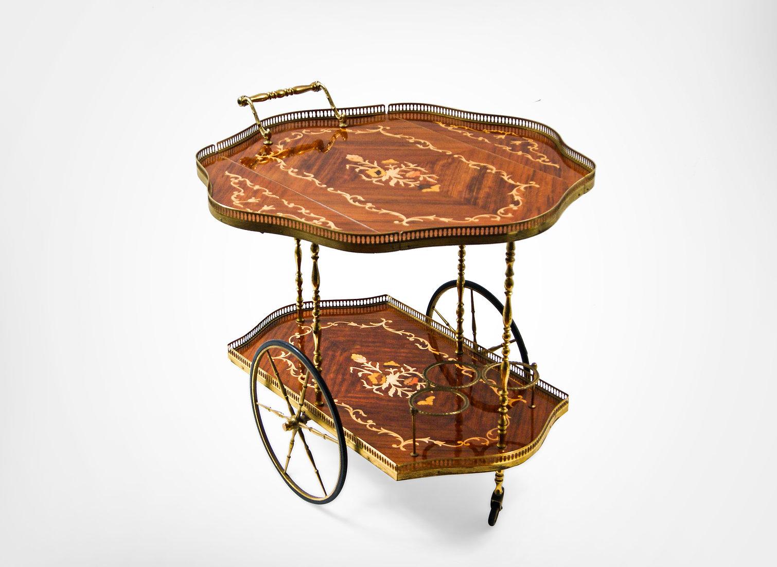 Superb Hollywood regency Italian design inlaid marquetry bar cart.
In beautiful Olivewood..
Two tiered trolley with the top section holding 2 demi-lune drop leaf extensions. 
Fine olive wood marquetry to the top tray with a central floral design