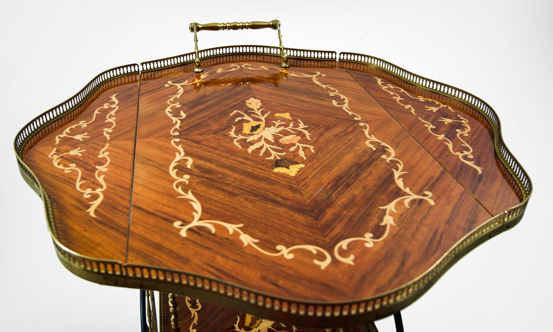 1950s Italian Marquetry Drop Leaf Olivewood Bar Cart In Good Condition In Torquay, GB