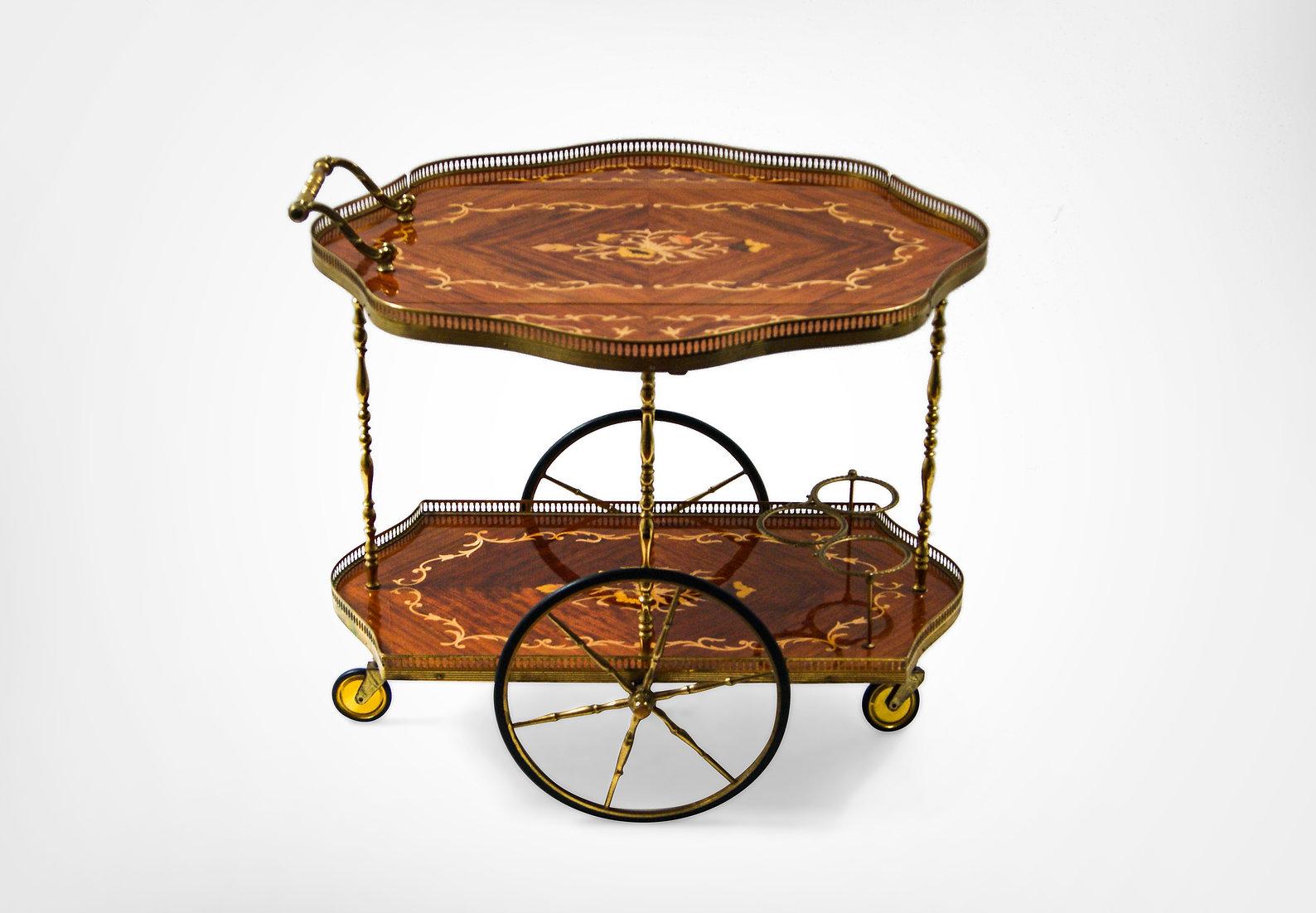 Mid-20th Century 1950s Italian Marquetry Drop Leaf Olivewood Bar Cart