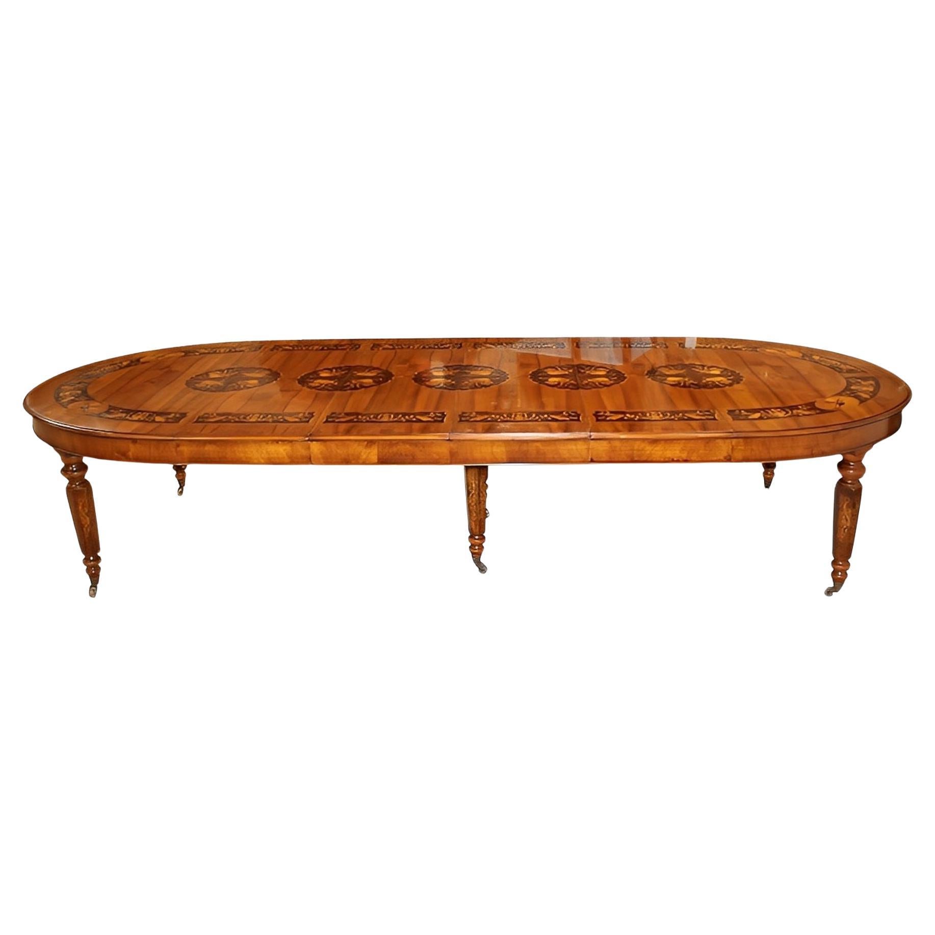 1950
s Italian Marquetry Oval Dining Table with Musical Inlay 
Extension Leaves For Sale