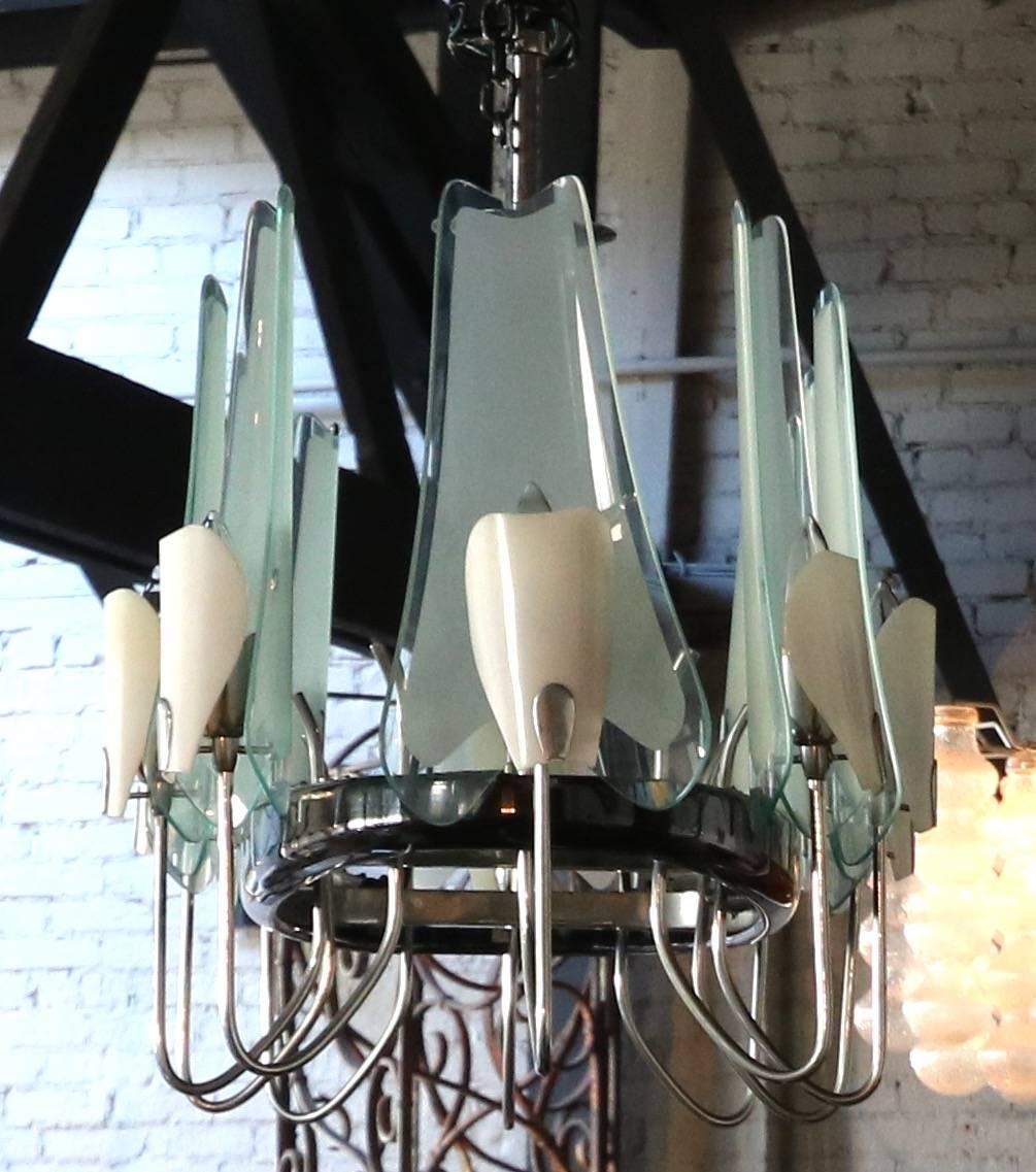 Mid-Century Modern Italian Black Metal, Chrome and Glass Oval Chandelier by Stilnovo, 1950s For Sale