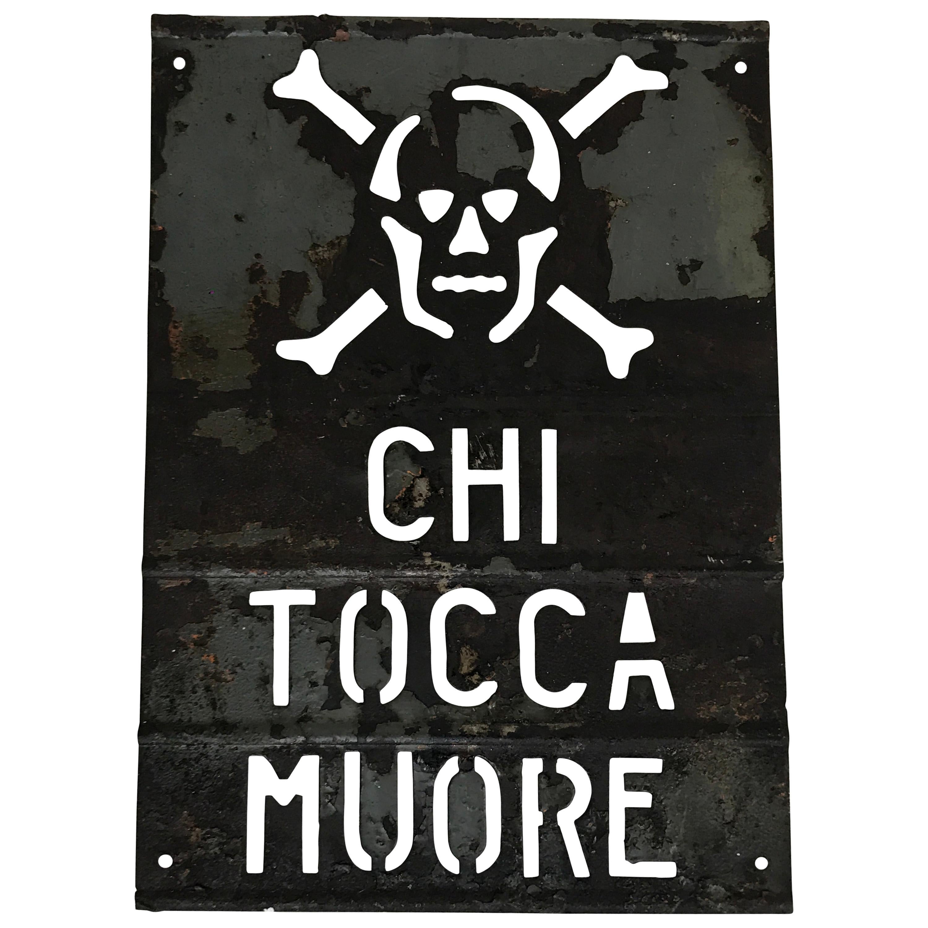 1950s Italian Metal Perforated Sign "Chi Tocca Muore" or Danger High Voltage For Sale