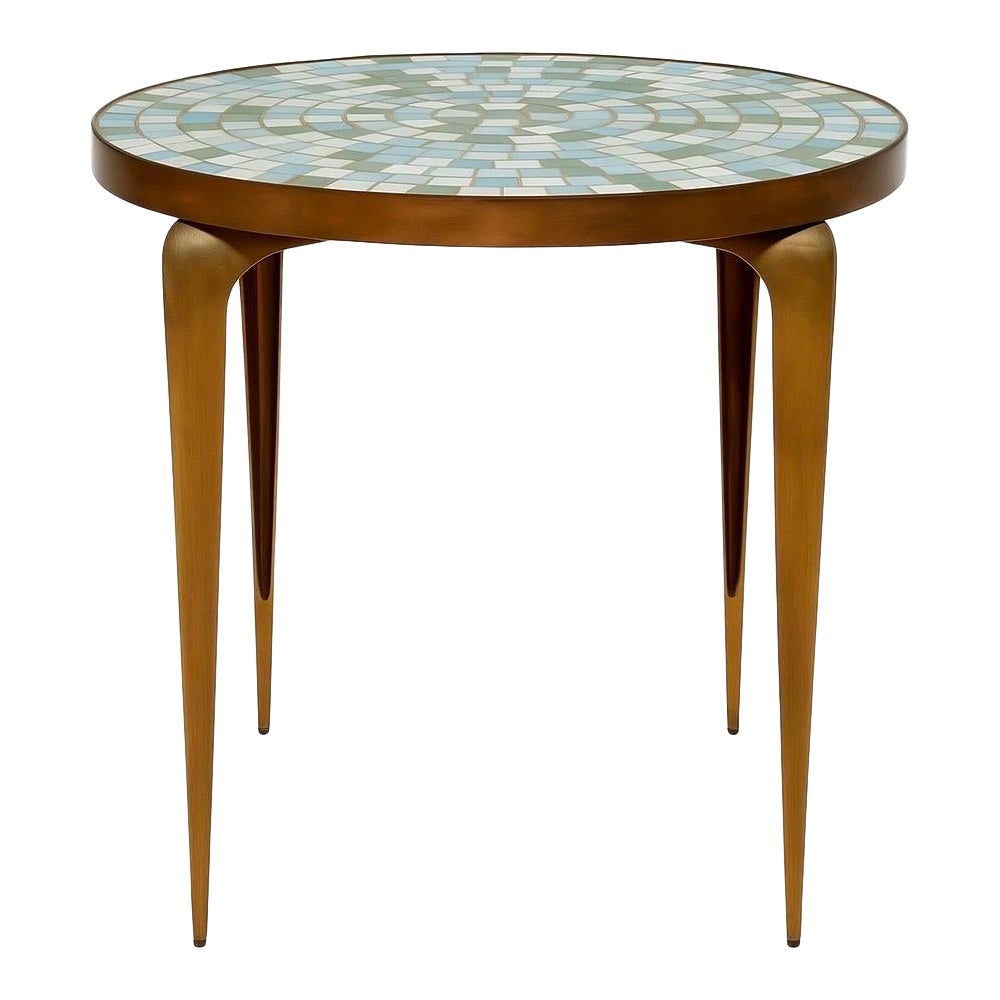 1950s Italian Mid-Century Copper Brass & Mosaic Tile Round Side Table