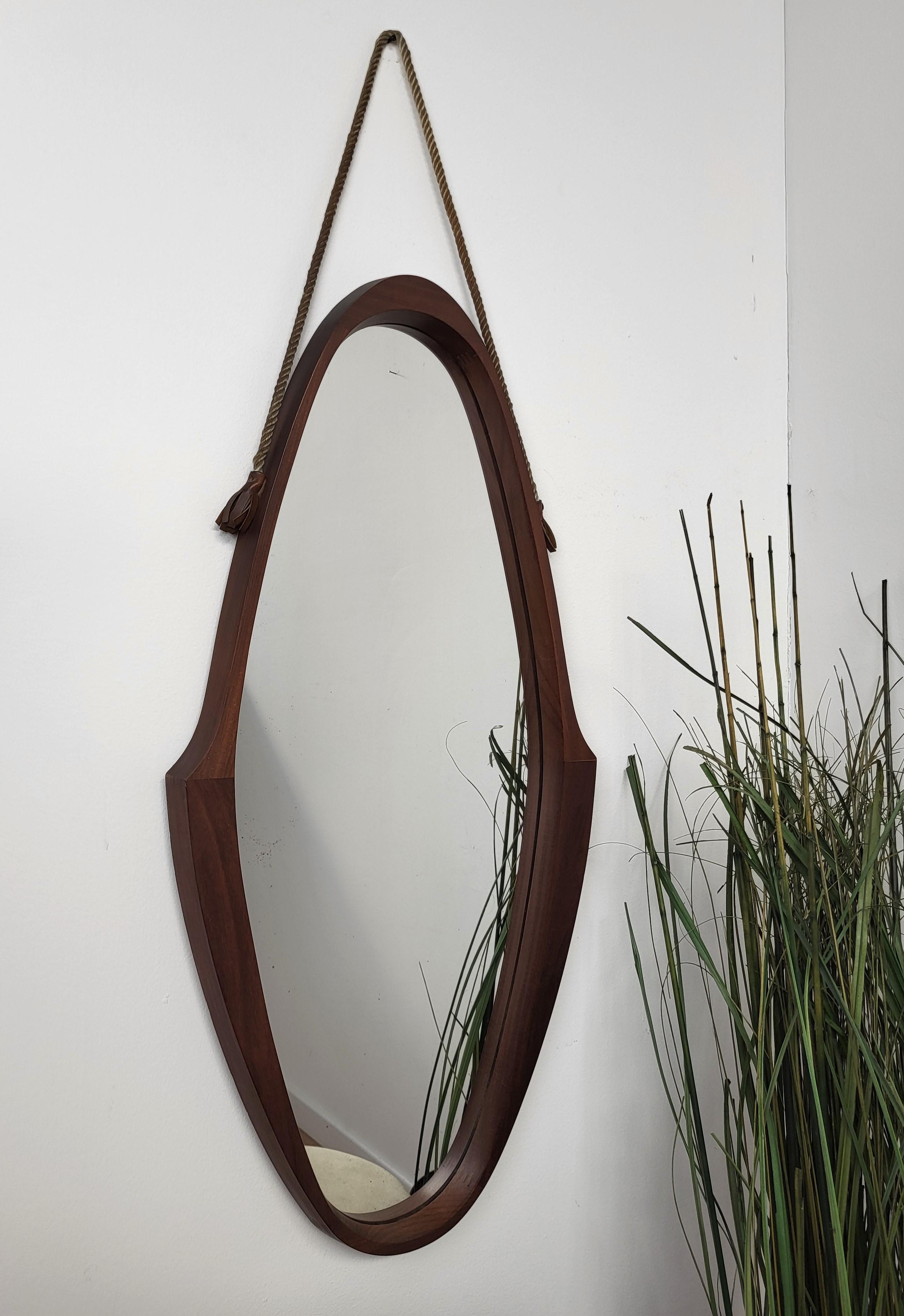 Faux Leather 1950s Italian Mid-Century Designer Carved Wood Wall Mirror