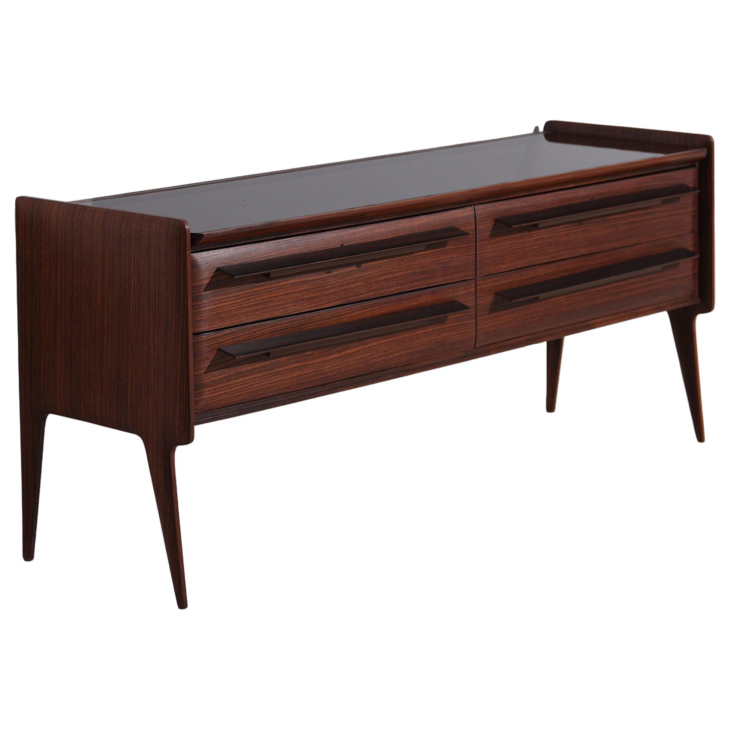 1950s Italian Mid-Century Dresser or Sideboard in Striped Wood with Glass Top