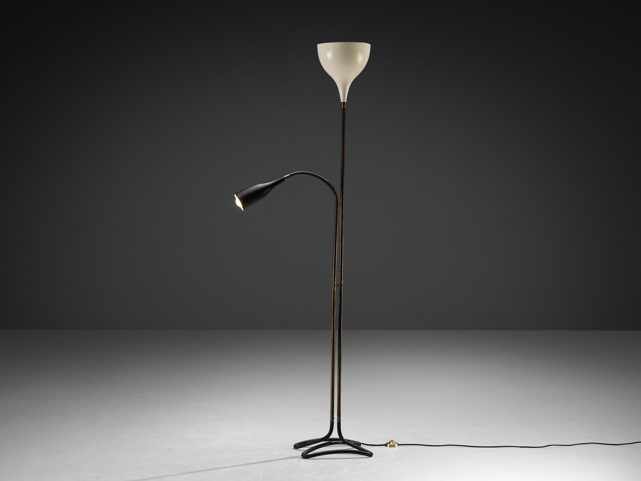 Floor lamp, coated aluminum and brass, brass, Italy, 1950s

This elegant floor lamp is a quintessential example of Mid-century Italian design from the 1950s. Crafted from lacquered metal and brass, its sleek and minimalist silhouette embodies
