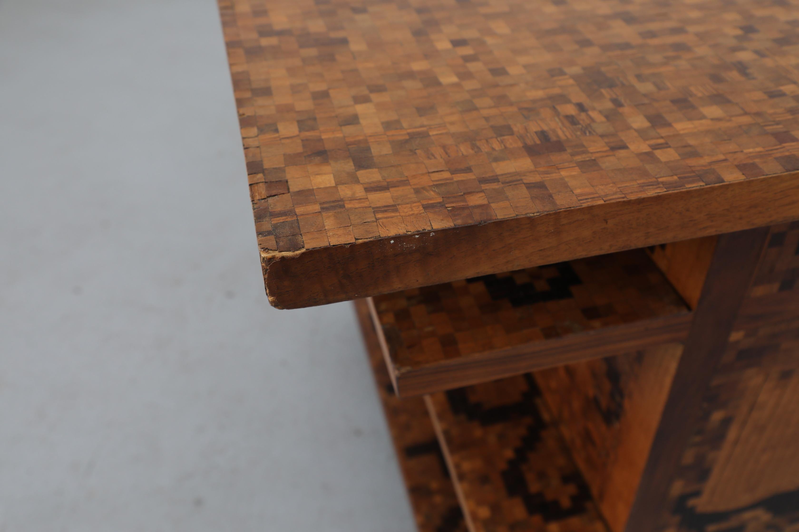 1950s Italian Mid-Century Marquetry Desk with Ship Motif & Built-in Shelves For Sale 3