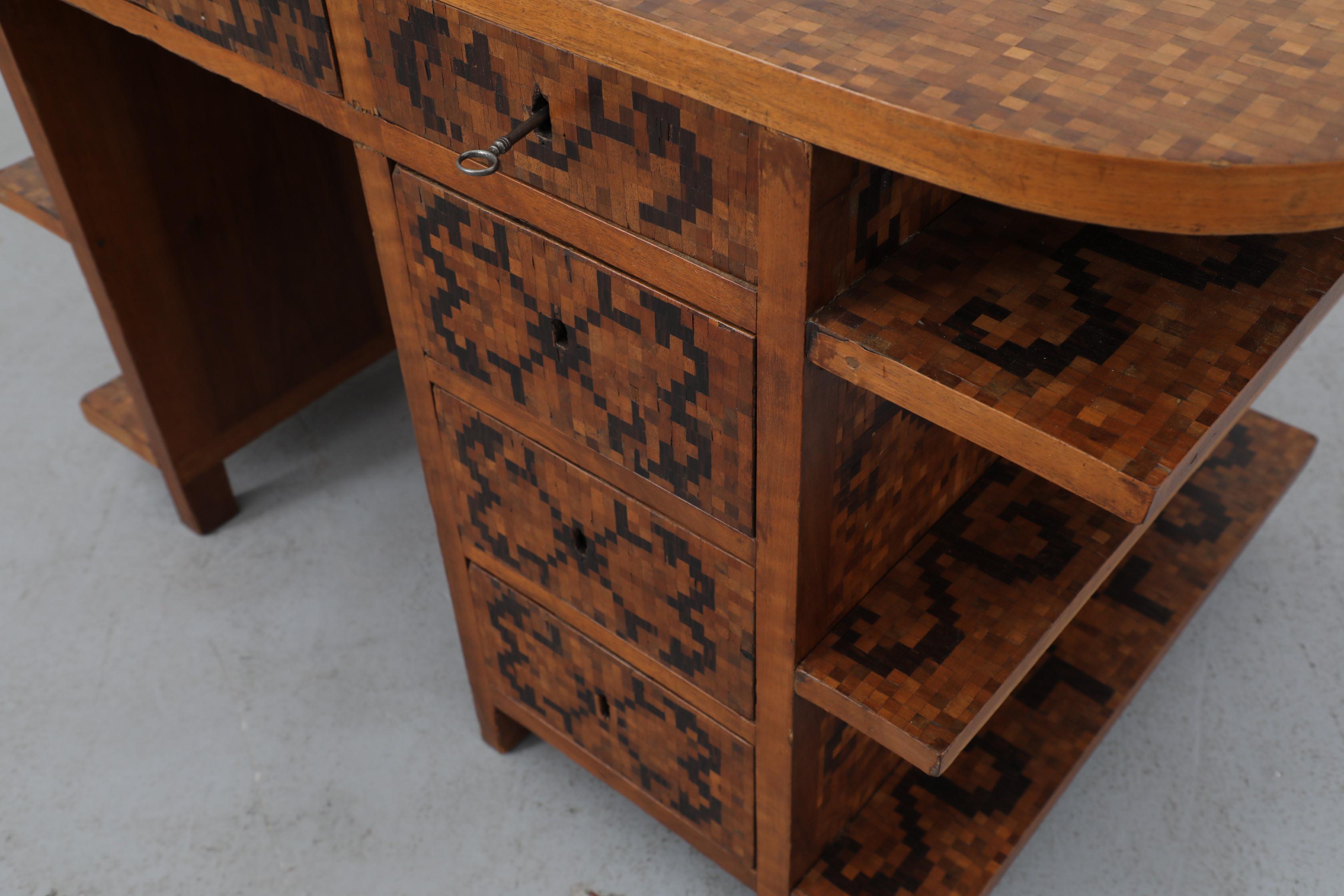 1950s Italian Mid-Century Marquetry Desk with Ship Motif & Built-in Shelves For Sale 8